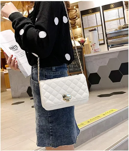 Vista 6 de Bolso de hombro de cuero para mujer bolso de mano acolchado de diseñador con correa de cadena Blanco