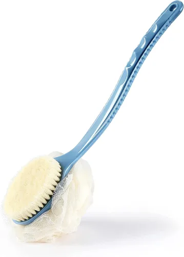 Vista 10 de Cepillo corporal de ducha con cerdas y esponja de esponja de malla, mango curvado Long Handle Bath Brush with Mesh Sponge for Skin