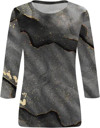Vista 4 de Fall Shirts for Women 2023,Three Quarter Sleeve Print Tops Women's Fashion Casual Three Quarter Sleeve Print Round Neck Top