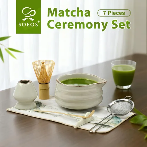 Vista 2 de Soeos Juego de batidor de matcha, kit de 7 piezas de cerámica matcha, incluye cuenco matcha, batidor de bambú (Chasen), cuchara (chashaku), tamiz
