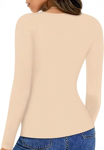 Vista 3 de HERLOLLYCHIPS Camiseta de manga larga para mujer, con corte frontal, acanalada, sexy, casual, elegante, para otoño