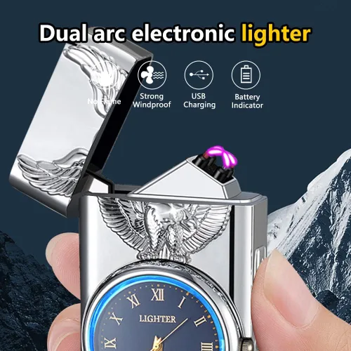 Vista 2 de GADATOP Eagle - Encendedor eléctrico de plasma USB, multifuncional, resistente al viento, encendedor de metal de moda con esfera luminosa de reloj