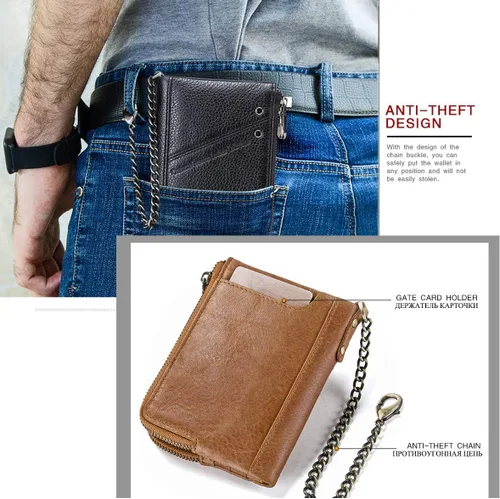 Vista 6 de Contacts RFID - Monedero con doble cremallera para hombre (piel, con cadena antirrobo), Marrón, talla única