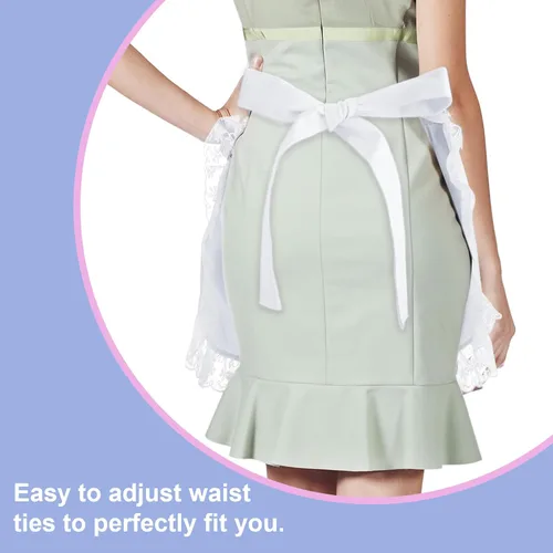 Vista 4 de TopTie Delantal de cintura de algodón con bolsillos para mujer, medio delantal de encaje de cocina para cocinar, disfraz de sirvienta para limpieza
