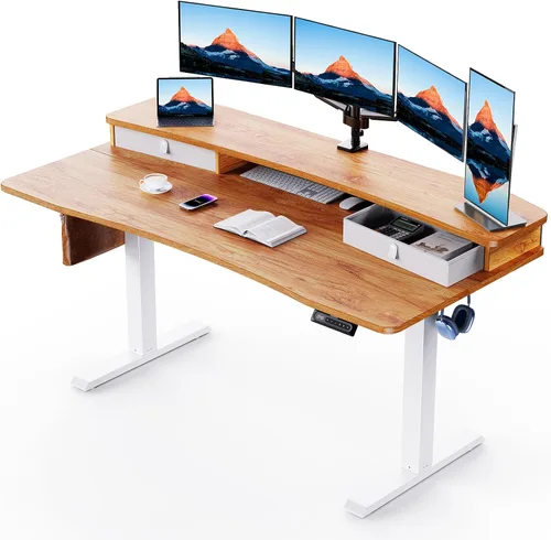 Vista 18 de HUANUO - Escritorio eléctrico de pie de 32 x 21 pulgadas con 2 cajones, compatible con montaje con abrazadera en C, escritorio de computadora