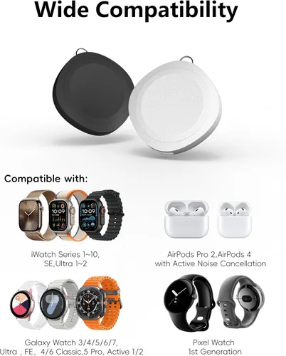 Vista 3 de Adaptador de cargador USB C para Samsung Galaxy Watch, cargador portátil rápido de 5 W para Apple Watch, base de carga de viaje ultra compacta