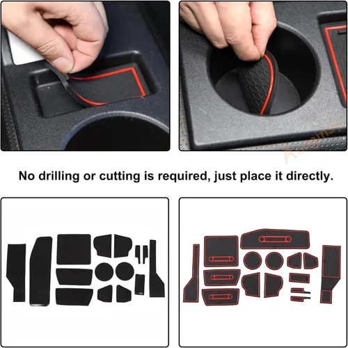 Vista 5 de Aunginsy Kit de alfombrillas con ranura para automóvil (15 unidades), goma, rojo y negro, compatible con Toyotaa FJ Cruiser 2007-2021, consola