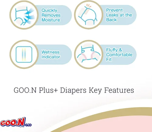 Vista 6 de GOO.N Plus+ Pañales talla L (hasta 31 libras), unisex, 54 unidades, correas de cinta japonesa, piel sensible, fabricado en Japón