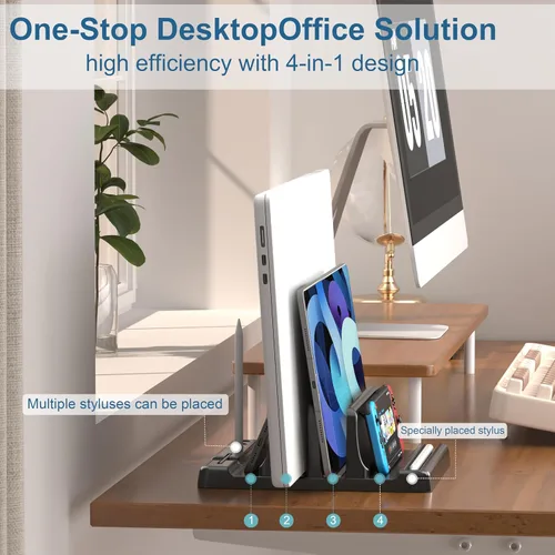 Vista 2 de Soporte vertical para laptop, soporte vertical de plástico ABS ajustable para laptop, ahorro de espacio 4 en 1, compatible con todos los MacBook Pro