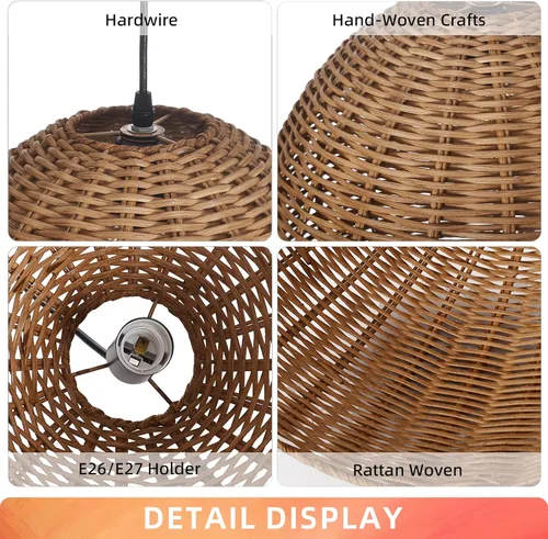 Vista 7 de Arturesthome 1 Luz Lámpara Colgante Tejida a Mano de Ratán, Candelabro Boho Tejido Natural Colgante en el Techo, Lámpara de Araña de Granja Costera
