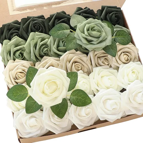 Vista 9 de Floroom Flores artificiales, 25 piezas de rosas falsas de espuma de color verde azulado de aspecto real con tallos para bricolaje, ramos de boda