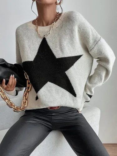 Vista 3 de SOLY HUX Suéter de manga larga con cuello redondo y estampado de estrellas para mujer, Beige