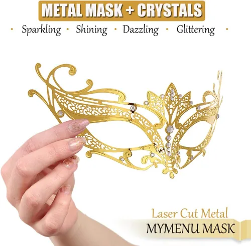 Vista 3 de MYMENU Máscara veneciana para parejas para mujeres y hombres, corte láser, máscara de metal veneciana para fiesta