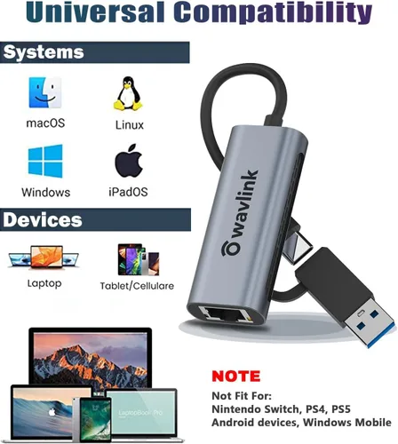 Vista 6 de Adaptador Wavlink USB C a Ethernet de 2.5 Gbps, adaptador USB 2 en 1 a Ethernet 2.5G, convertidor de red USB-C a RJ45