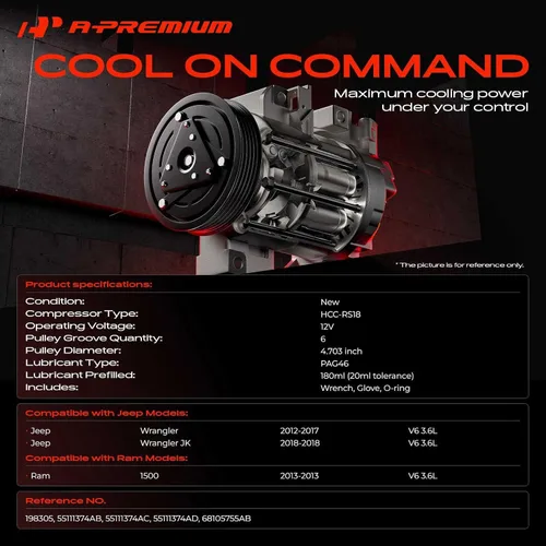 Vista 2 de A-Premium Compresor de aire acondicionado con embrague para Jeep Wrangler 3.6L 2012-2017, Rams 1500, compresor HCC-RS18