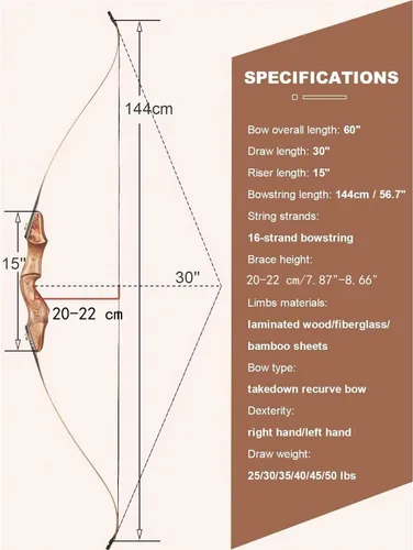 Vista 3 de Toparchery Arco recurvo de 60" para adultos - Arco desmontable de madera para mano derecha