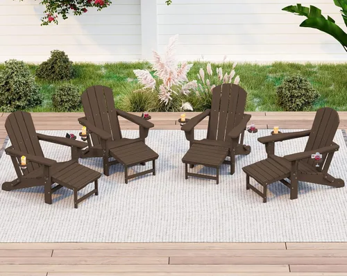 Vista 33 de KINGYES Silla Adirondack plegable ajustable con otomana y 2 portavasos, silla reclinable Adirondack HDPE con reposapiés, Aruba