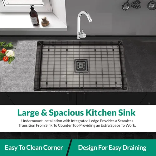Vista 2 de Strictly Sinks Fregadero de Cocina de Montaje Inferior de Un Solo Tazón de 32 Pulgadas – Fregadero Negro Metálico Accesorio de Estante de Diseñador