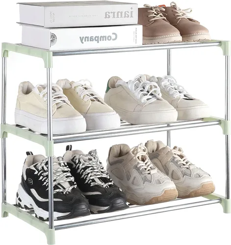 Vista 8 de Zapatero pequeño, organizador de estantes de zapatos estrechos apilables para entrada, puerta y armario del dormitorio (3 niveles, negro)