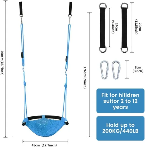 Vista 4 de Columpio tejido a mano para niños, columpio para niños con cuerdas ajustables, juego de columpio seguro para niños, para interiores, exteriores