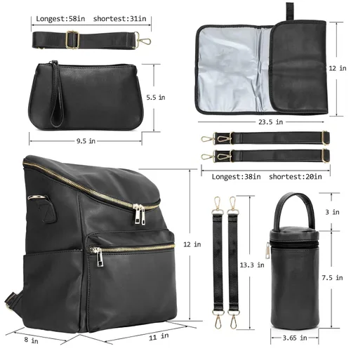 Vista 2 de Mochila para pañales, mochilas de cuero de moda para mamá, bolsas de pañales para bebés pequeños con organizador en bolsa y cambiador, Negro, M