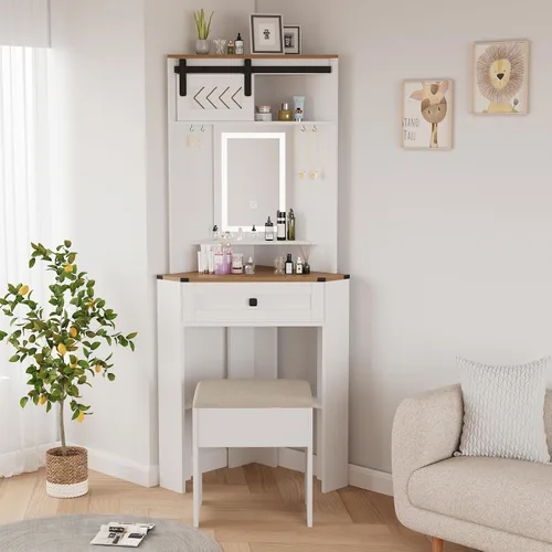 Vista 13 de ARTETHYS Escritorio pequeño con espejo y luces, tocador de maquillaje compacto blanco con silla, moderno tocador que ahorra espacio con cajón