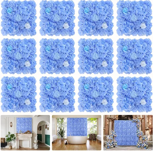 Vista 18 de Telón de fondo de pared de flores, 12 piezas de 16.5 x 16.5 pulgadas, panel de pared floral de rosa de seda artificial, decoración de pared ideal