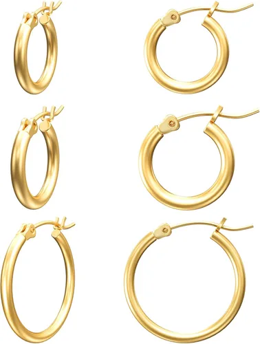 Vista 33 de Aretes de aro de oro para mujer chapados en oro real de 14 quilates con poste de plata de ley 925 Dorado