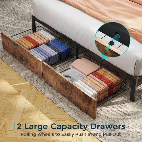 Vista 6 de SADENICEL Base de cama de tamaño matrimonial con almacenamiento, plataforma de cama de madera LED con cabecero, 2 cajones, estación de carga,