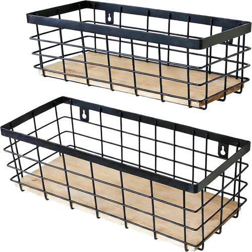 Vista 10 de ShabbyDecor Cesta de alambre de metal desmontable con base de madera, organizador de almacenamiento, cesta colgante para armarios de cocina, baño