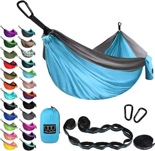 Vista 24 de Gold Armour Hamaca de camping – Hamaca doble XL, hamaca portátil, accesorios de camping, equipo para exteriores e interiores con correas de árbol