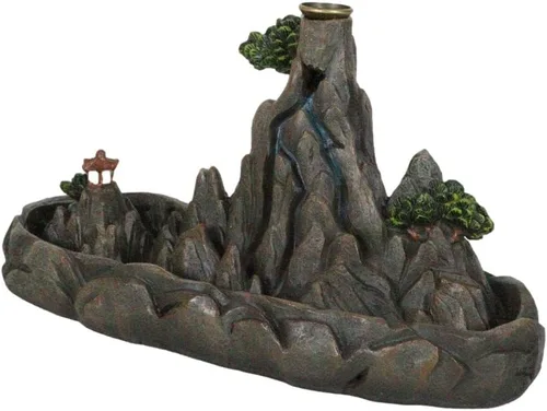 Vista 6 de Ebros Gift Feng Shui Zen Tranquilidad Escena de cordillera rocosa con Pagoda budista asiática Torre del templo con árboles y vegetaciones Humo