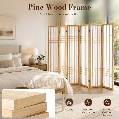 Vista 4 de 6 Panel Room Divider, 66.9" Tall Folding Privacy Screen, Natural 6 Panel Natural