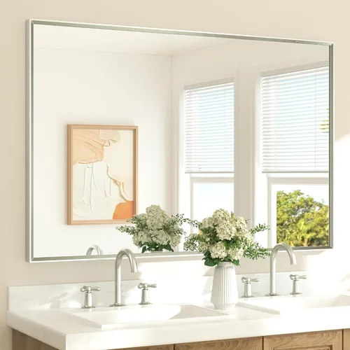 Vista 63 de TETOTE Espejo de baño dorado cepillado de 20" x 30", espejo de tocador de baño rectangular de latón dorado cepillado con marco biselado para sobre