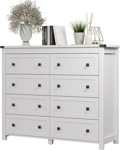 Vista 27 de Xixini - Cómoda para dormitorio con 5 cajones, cómoda alta de madera, organizador moderno de ropa estilo granja, gabinete de almacenamiento con asas