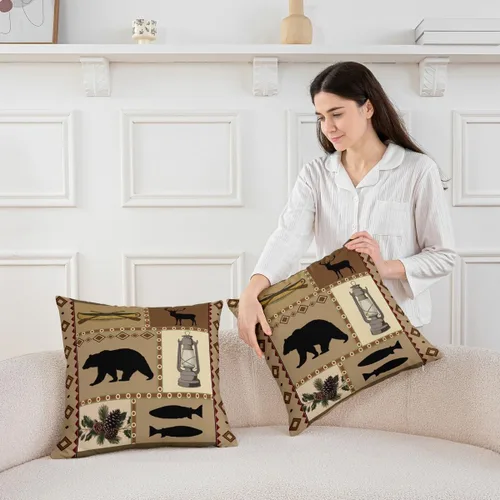 Vista 4 de Paquete de 2 fundas de almohada decorativas con diseño de oso, suave, rústica, con alce salvaje del oeste, para sofá, dormitorio, sala de estar