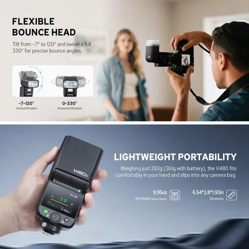 Vista 9 de Godox V480-S V480 Flash para Sony, Speedlite con Pantalla Táctil, GN50 de Alta Salida, Carga USB-C, Reciclaje Rápido de 1.7s, 650 Parpadeos