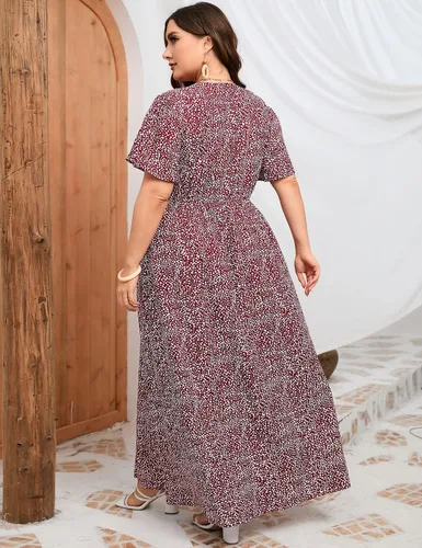 Vista 6 de KOJOOIN Vestido largo cruzado de talla grande para mujer, mangas cortas con volantes, cintura imperio, dividida, acampanado, vestido casual bohemio