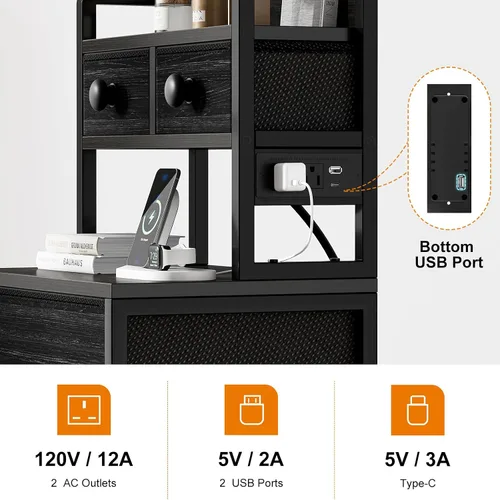 Vista 9 de REAHOME Mesita de noche de 41 pulgadas de alto con estación de carga, mesita de noche LED con 6 cajones de tela, mesa auxiliar de cama con estantes
