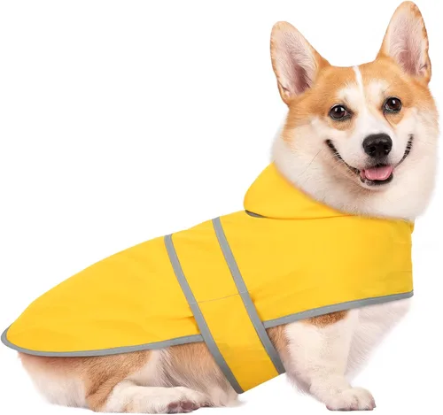 Vista 12 de Impermeable para perros pequeños y cachorros, chaqueta impermeable con capucha con tiras reflectantes, agujero para la correa y poncho de ajuste