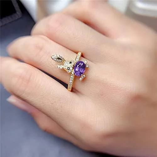 Vista 4 de Conjunto de anillos de collar de conejo de cristal morado con dije de oro amarillo vintage para mujer, conjunto de boda nupcial de lujo