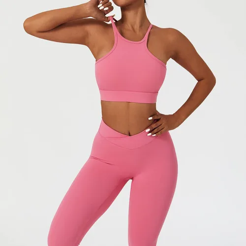 Vista 5 de ABOCIW Conjuntos de entrenamiento para mujer, 2 piezas, cintura cruzada, leggings de cintura alta, tirantes deportivos, para ejercicio, gimnasio