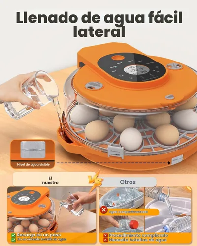 Vista 2 de Incubadora de 15 huevos con recarga lateral de agua, control automático de humedad, girador automático de huevos, temperatura ajustable, vela