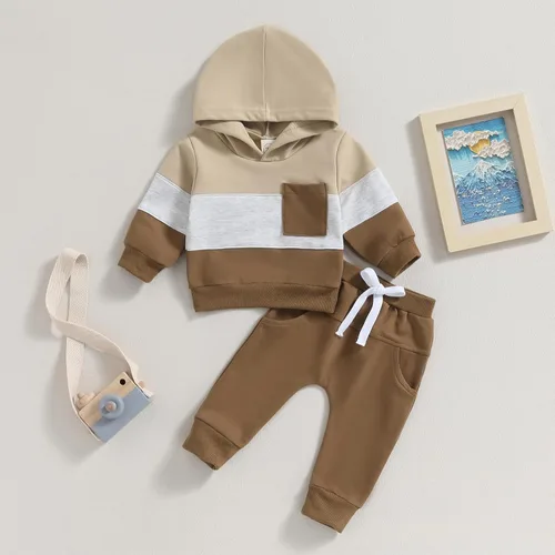 Vista 9 de Ursobutegl Ropa para bebé niño pequeño, sudadera con capucha y bloques de color, 2 piezas, sudadera para otoño e invierno