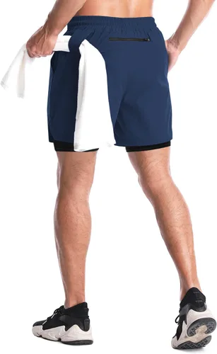 Vista 4 de Aolesy Pantalones cortos de correr 2 en 1 para hombre, pantalones cortos deportivos de entrenamiento para hombre, de secado rápido, ligeros