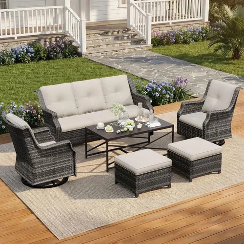 Vista 53 de Sofá de mimbre para patio al aire libre, sofá de 3 plazas, sofá de ratán con asiento profundo y cojines de olefina, respaldo alto, todo tipo de Beige