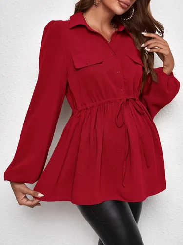 Vista 3 de MakeMeChic Camisas de maternidad para mujer, casual, manga farol, con botones, blusa con cinturón