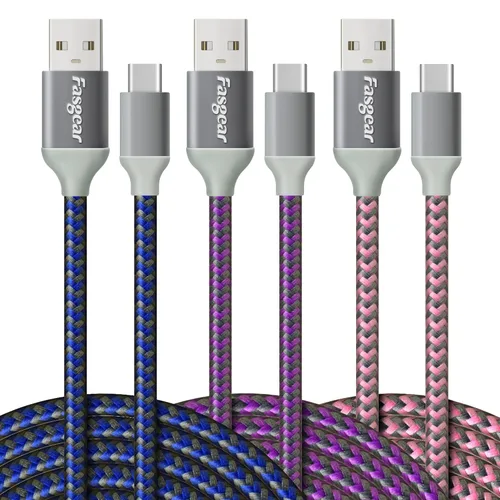 Vista 9 de Fasgear Cables USB C a USB A de 10 pies, paquete de 2, negro, blanco Carga rápida 3A, tipo C 2.0, trenzada, compatible con Galaxy S21 Plus Note 10