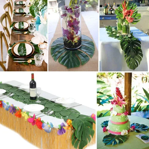 Vista 4 de TITA-DONG 12 manteles individuales de hojas de Monstera, decoraciones de fiesta tropical, hojas de palma para el domingo de Ramos, bandera de mesa
