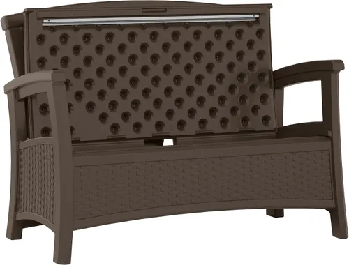 Vista 8 de Suncast Banco de mimbre para exterior con almacenamiento de 23 galones, asientos cómodos para dos, respaldo ergonómico, muebles para todo